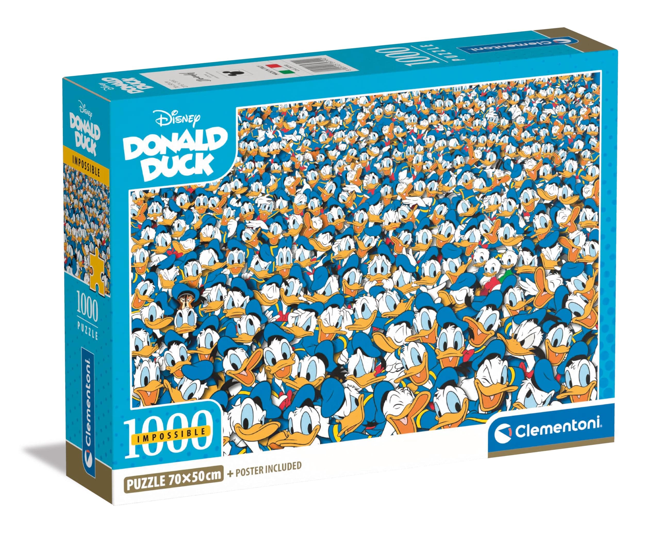 Clementoni 1000-Piece Jigsaw Puzzle Impossible Donald Duck - Compact Box, Poster Included, Adults 14-99, Unisex, Blue, Cardboard, 70 x 50 cm, Character Theme, Expert Level, Made In Italy, 39799