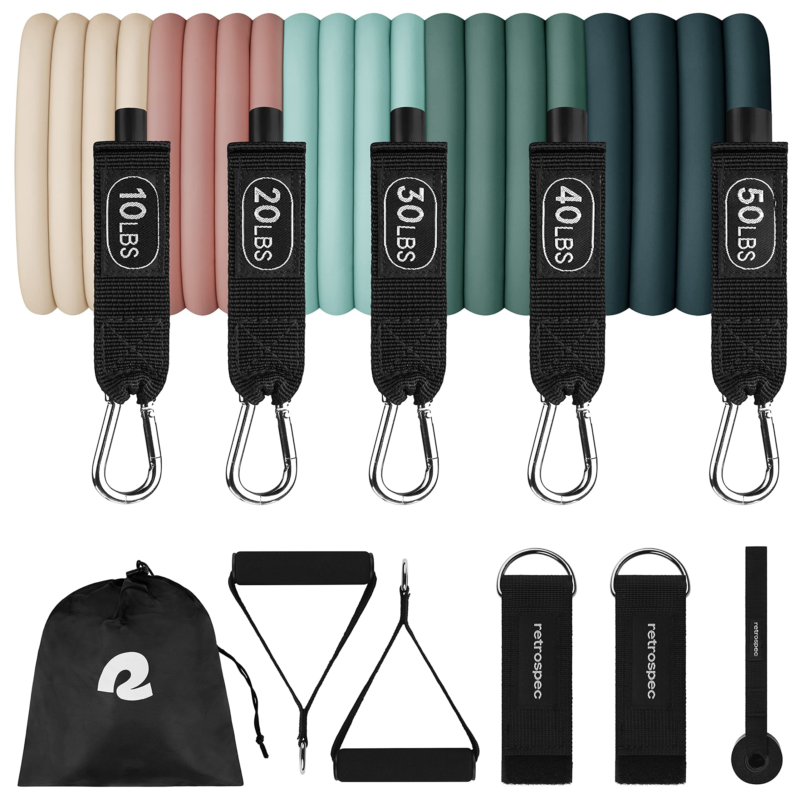 Train Resistance Bands Set (5pc) Workout Bands w/Handles, Door Anchor, Carry Bag for Women & Men