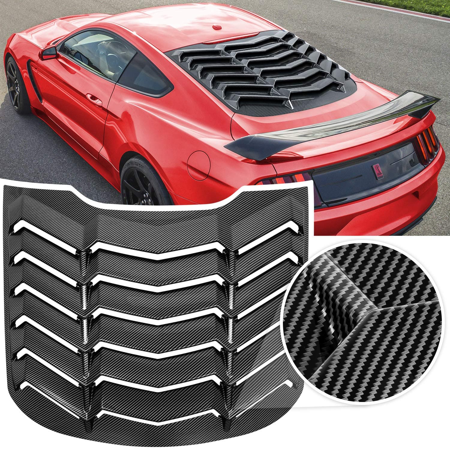Rear Window Louver for Ford Mustang 2015 2016 2017 2018 2019 2020 2021 2022 2023 Windshield Sun Shade Cover Vent GT Lambo Style Custom Fit All Weather (Carbon Fiber)