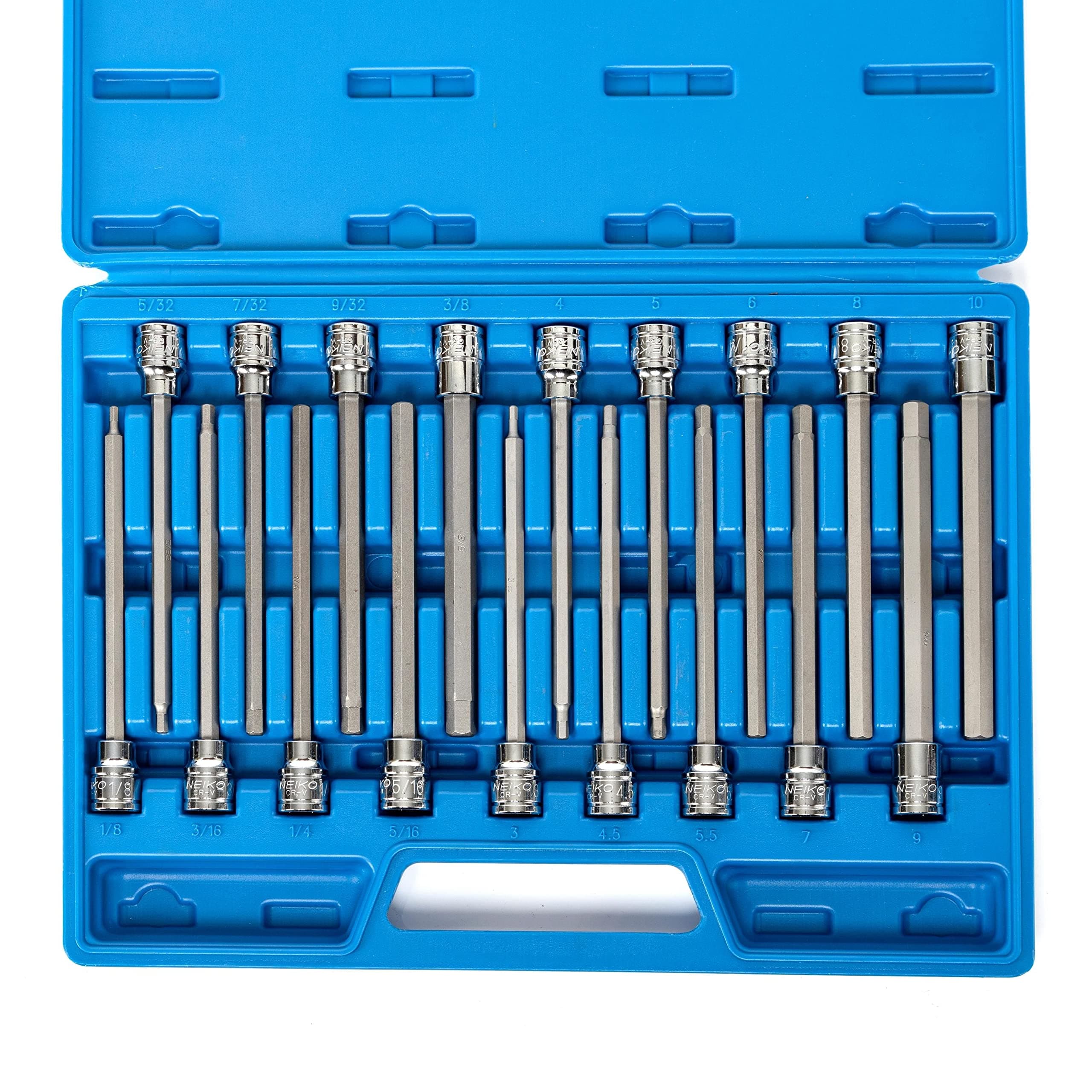 10079A Extra Long Allen Hex Bit Socket Set, 18 Piece SAE and Metric Allen Socket Set, 3/8 Drive, 1/8" – 3/8 Inch & 3mm – 10mm, 6” Long Allen Hex Socket Bit Set, Allen Head Hex Key Socket Set …