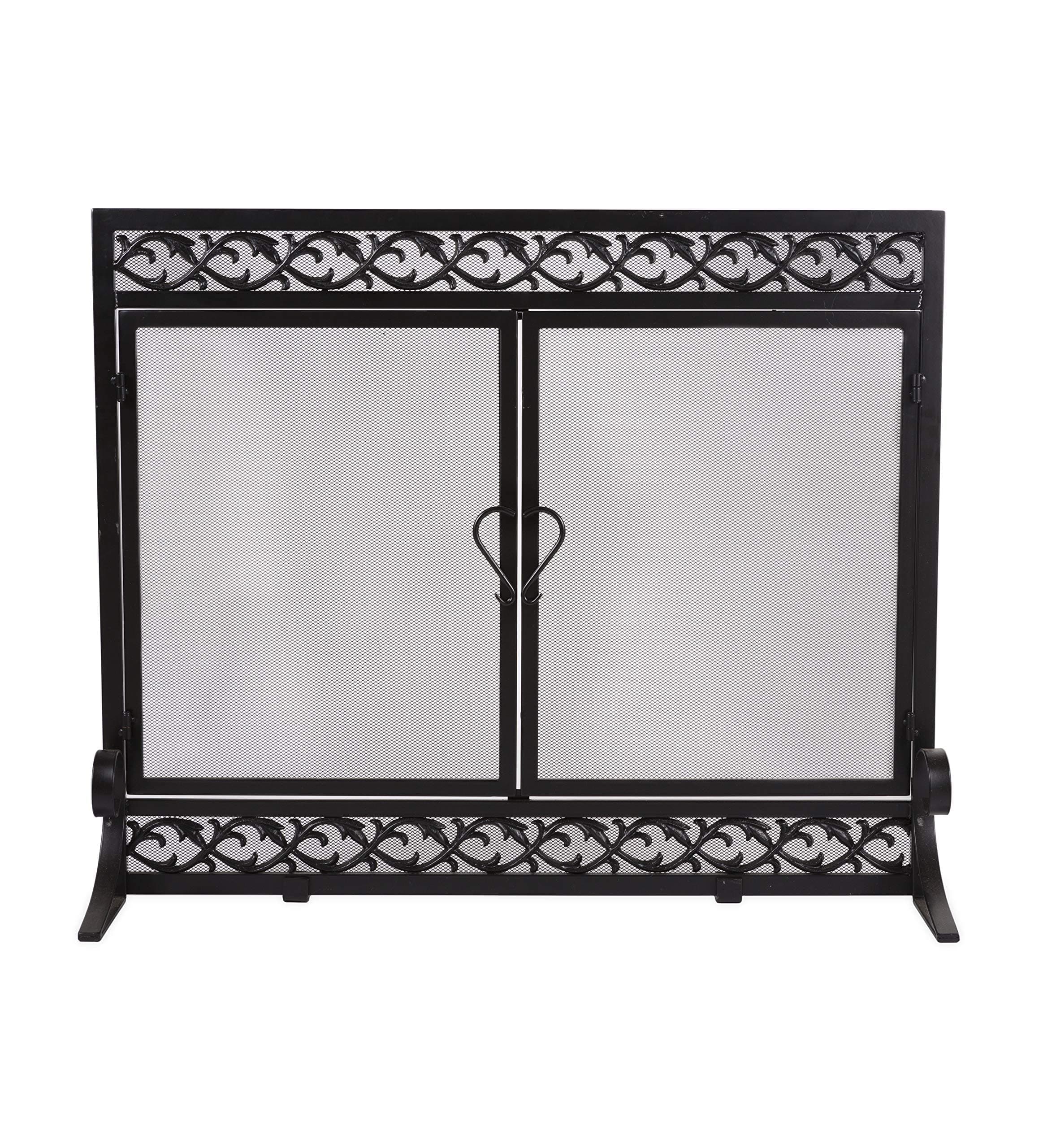 Plow & Hearth Metal Fireplace Screen Scrollwork Black | 38" W x 31" H | Dual Magnetic Hinged Doors | Spark Guard Cover | Stand Alone Wrought Iron Panel Fire Place Cover
