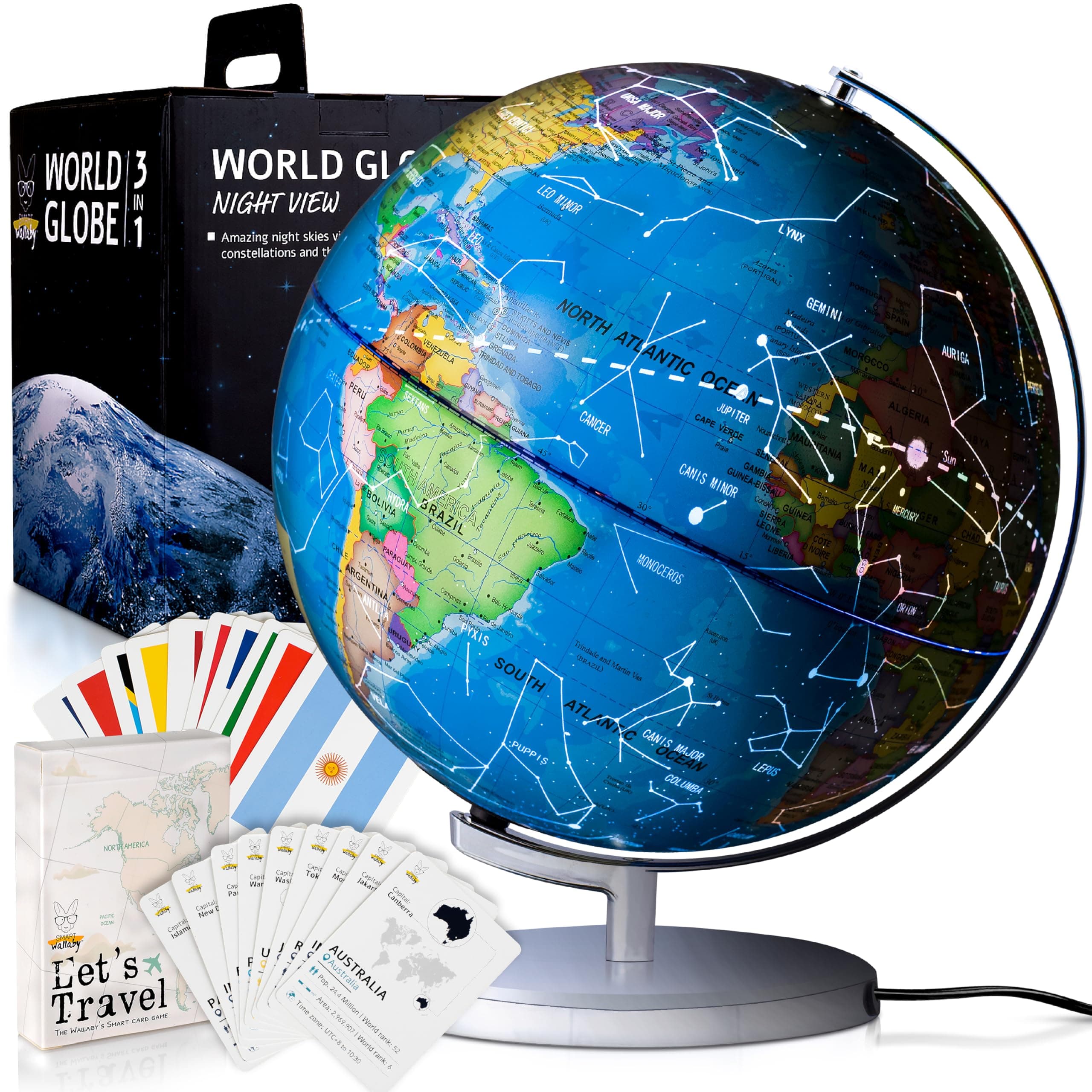 SMART WALLABY 9" Illuminated Educational Kids World Globe + STEM Flags & Countries Interactive Card Game. 3 in 1 Children Desktop Spinning Earth Political & Constellation Maps, LED Night Light Lamp