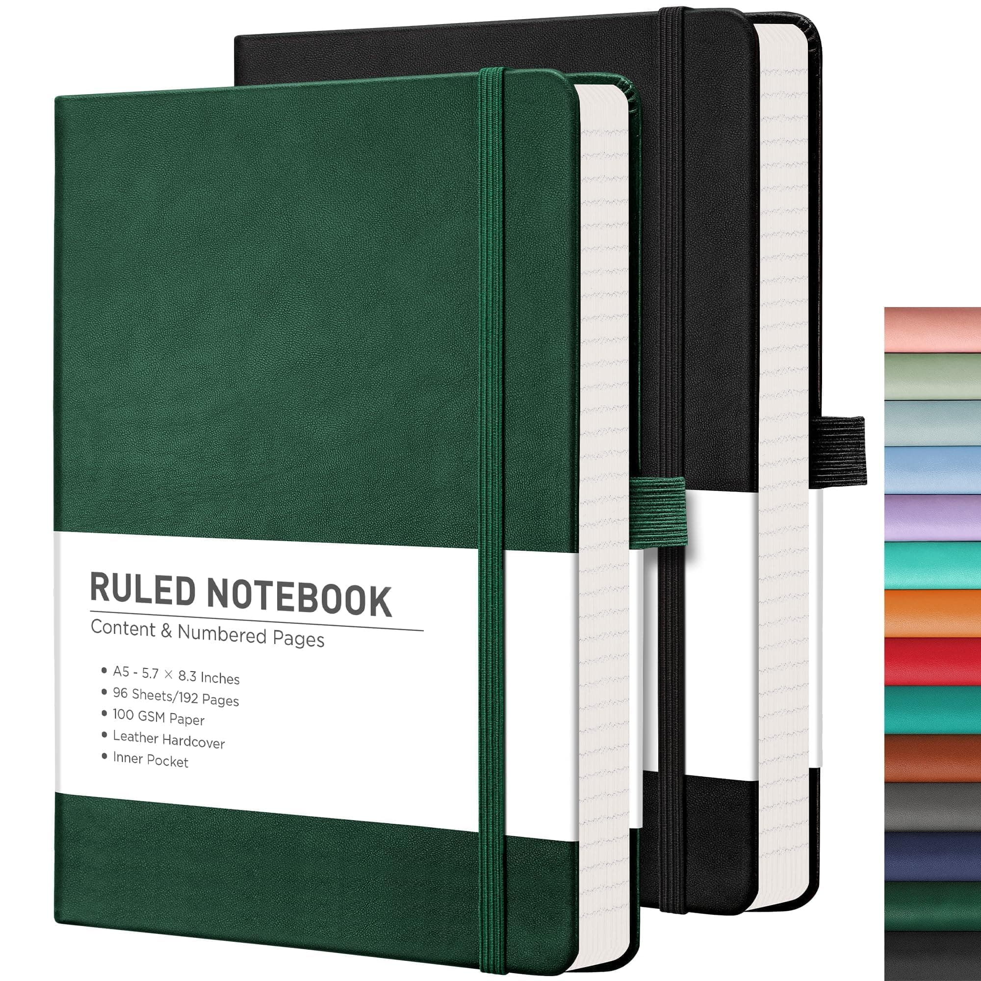 Lined Journal Notebook, 2-Pack, 192 Numbered Pages per Pack, A5 Medium Size (5.7'' x 8.3''), for Men & Women, Writing, Work, Leather Hardcover, 100 GSM Thick Paper (Black & Dark Green)