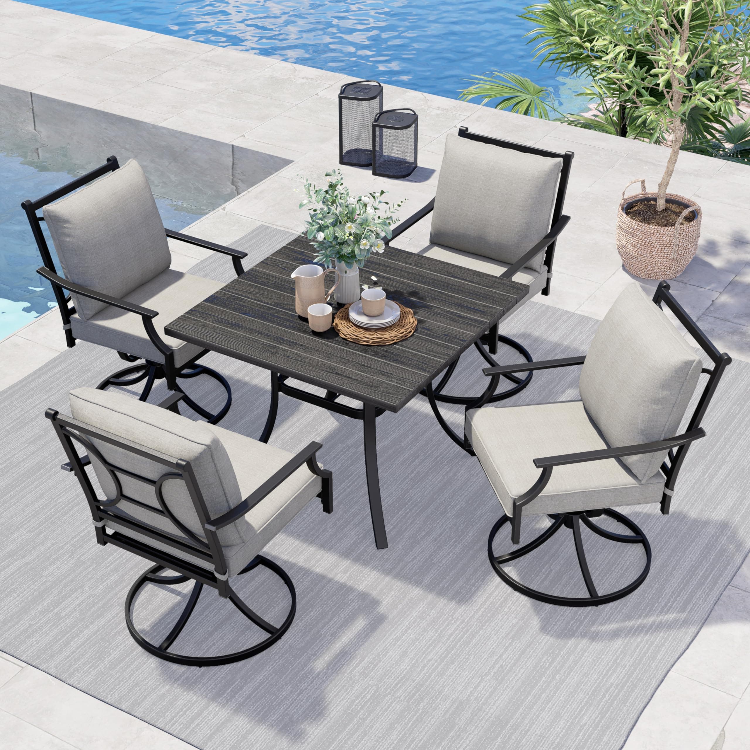 Grand patio 5-Piece Patio Dining Set for 4, E-Coated Outdoor Dining Set Swivel Patio Dining Chairs with Olefin Cushions & 1 Black Square Faux Woodgrain Dining Table with 1.5”Market Umbrella Hole
