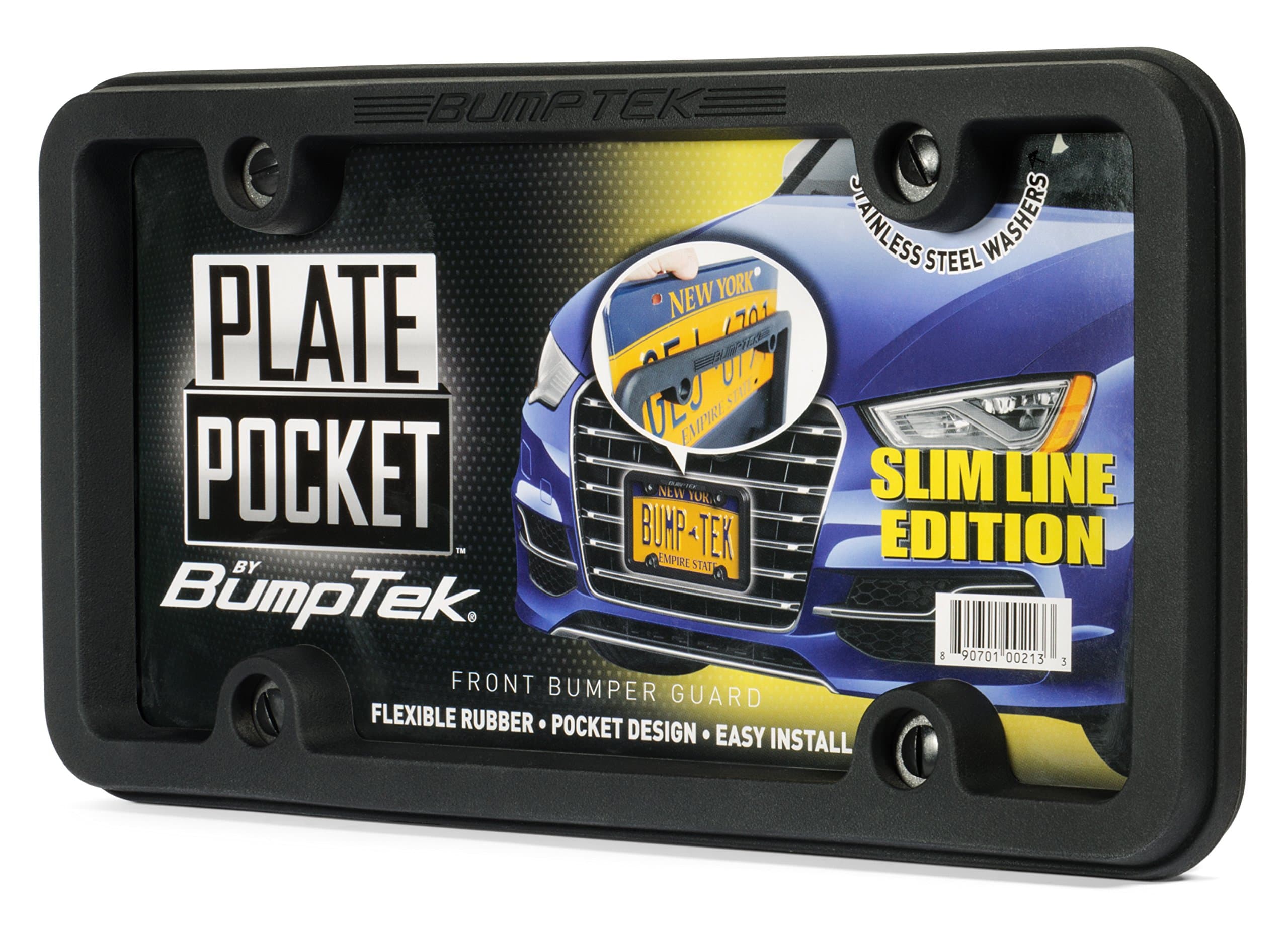 Plate Pocket by BumpTek - Flexible Rubber Front Bumper Guard, Front Bumper Protection, License Plate Frame. Cushions Parking Bumps! (Slim Edition)