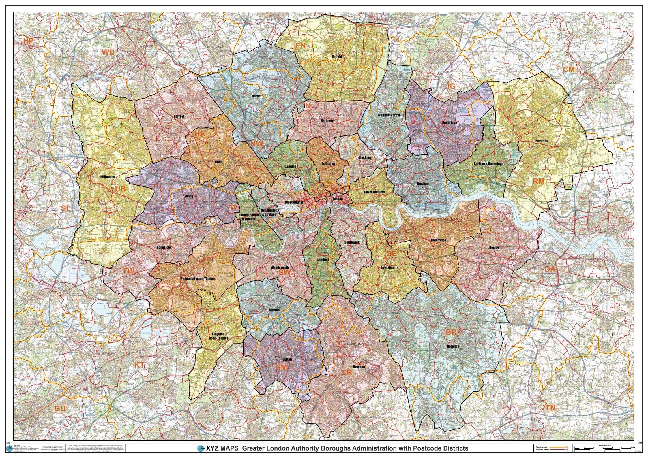 Greater London Authority Boroughs with Postcode Districts Wall Map - 47" x 33.25" Laminated