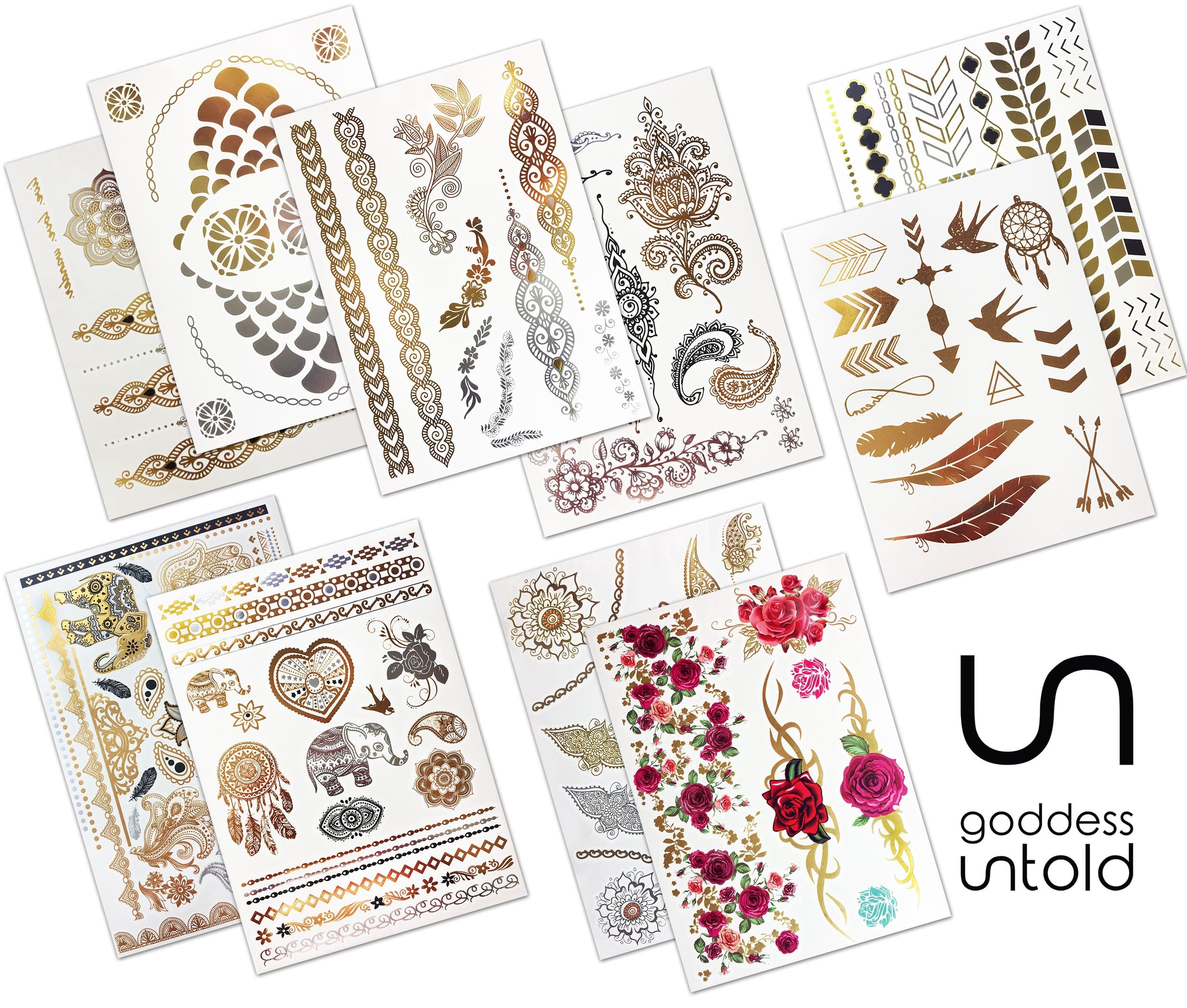 10 Extra Large Premium Design Sheet Pack Goddess Untold Pack Temporary Metallic Flash Tattoos Water-Proof Over 250 Designs- Gold, Silver, Black and Color for Festivals, Beach, Parties