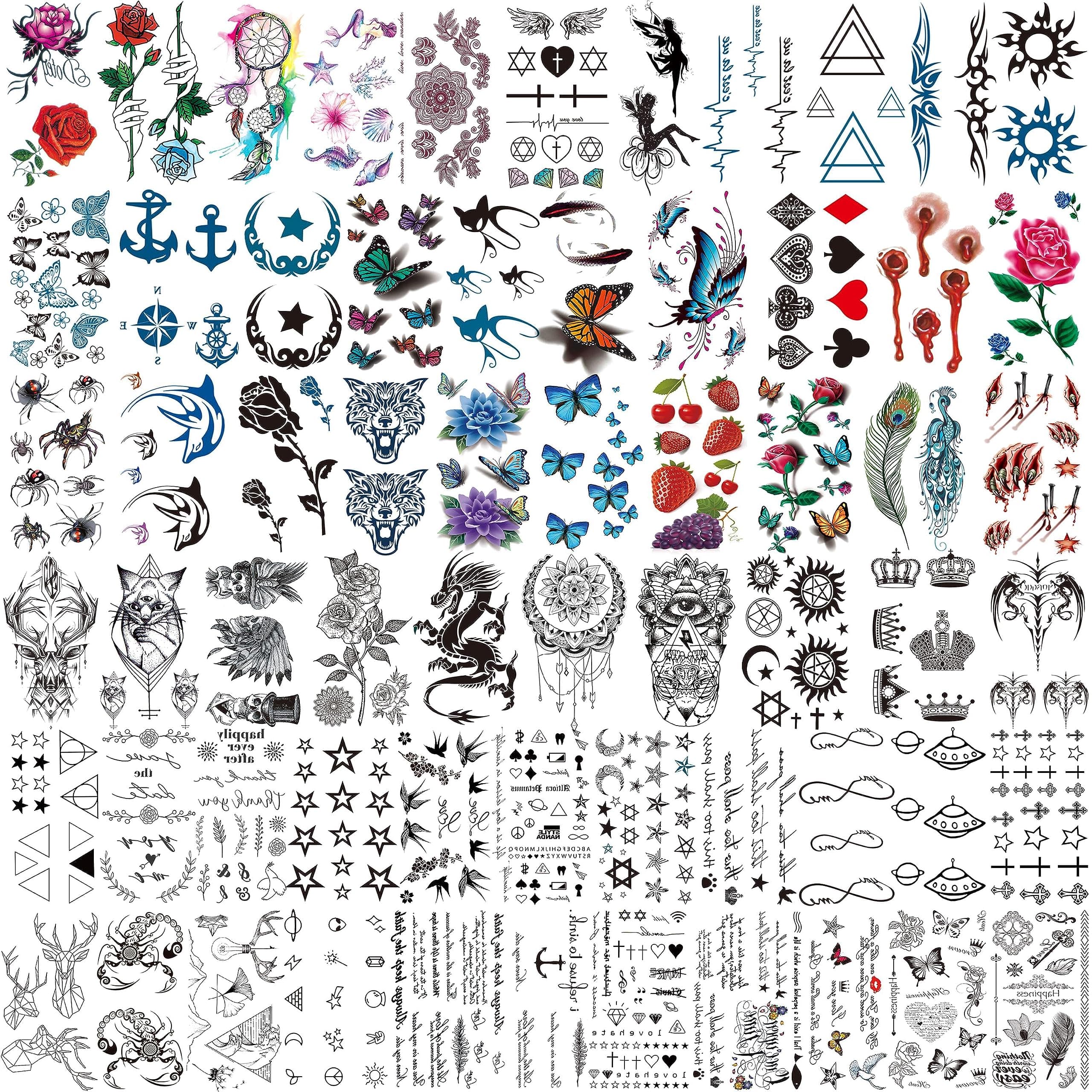 64 Sheets Variety Tiny Waterproof Temporary Tattoos For Men Women, Moon Star Butterfly Birds Planets Fake Tattoos For Kids Adults, Arm Neck Face Letters Temp Tattoo Temporary Tatoos Sticker Set